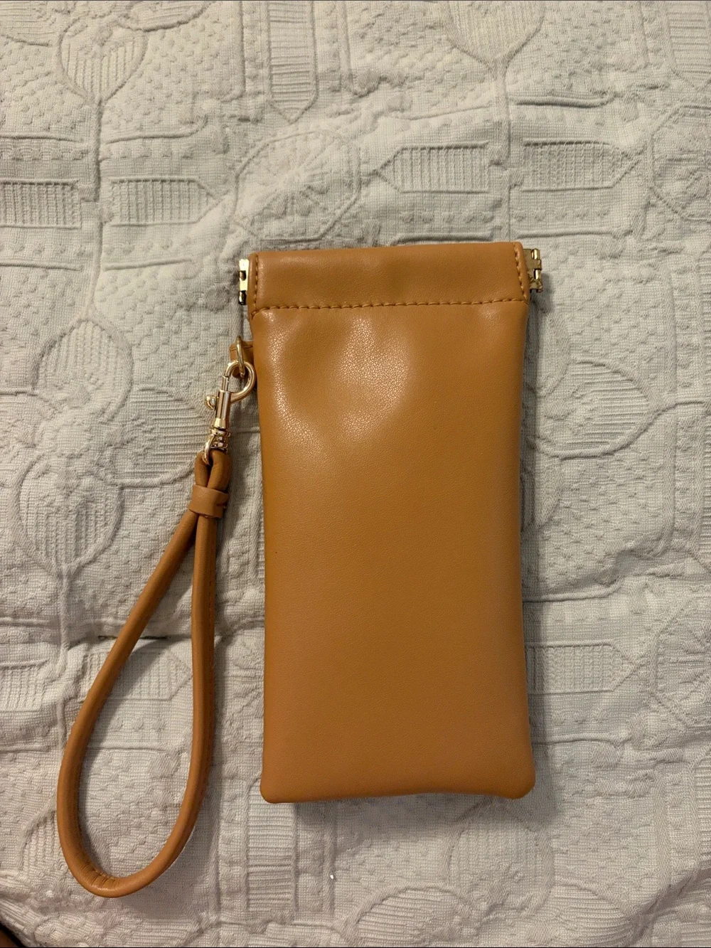 New Day Leather Wristlet Phone Pouch in Tan